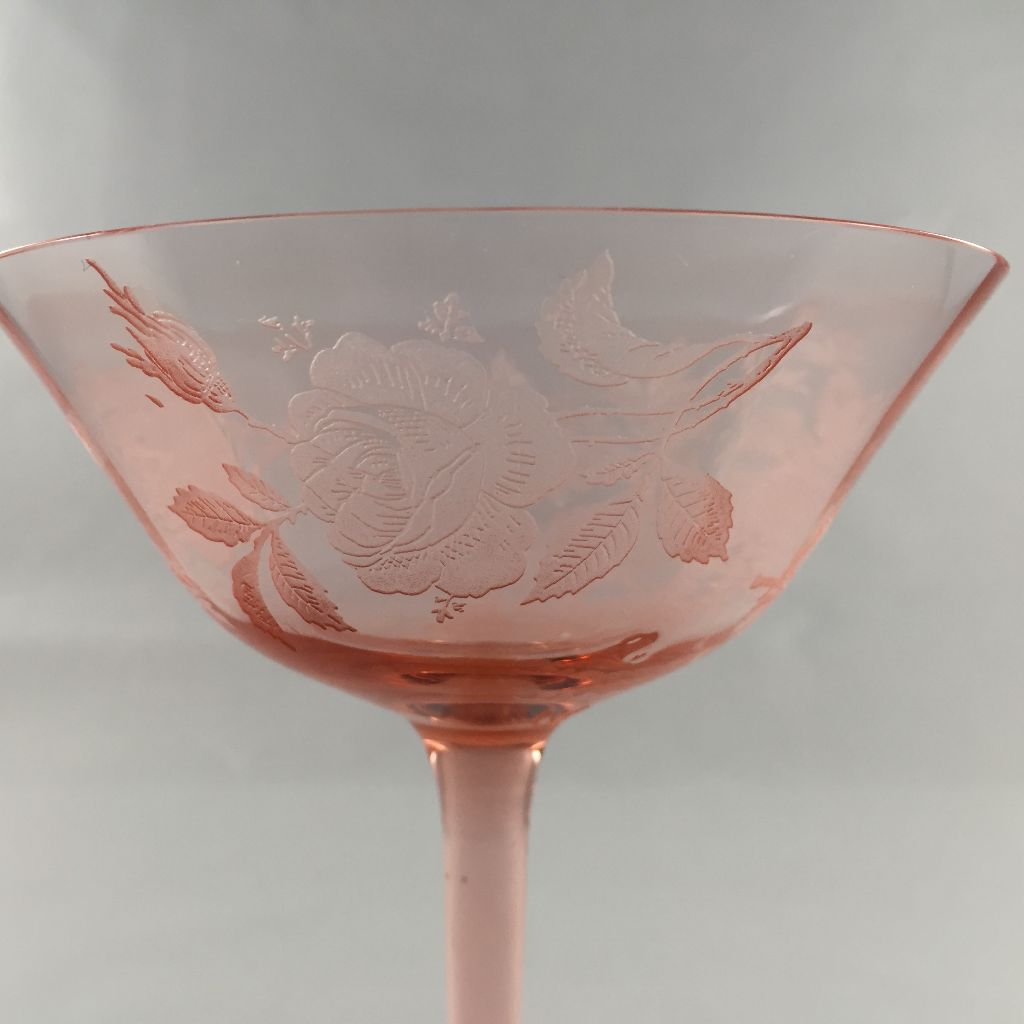 1930s Etched Pink Depression Glass Wine Glasses Stemware - Set of